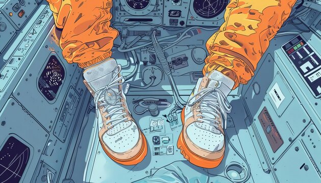 Illustration of an astronaut wearing orange space suit and sneakers floating inside a spacecraft cockpit with detailed control panels.