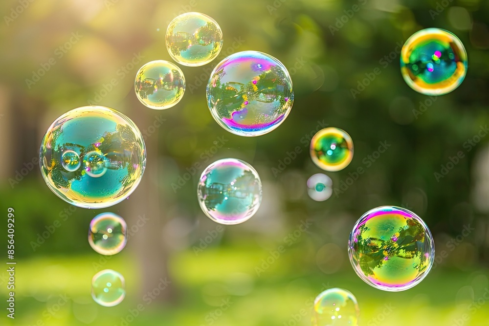 Poster a bunch of colorful bubbles floating in the air. the bubbles are of different sizes and colors, crea