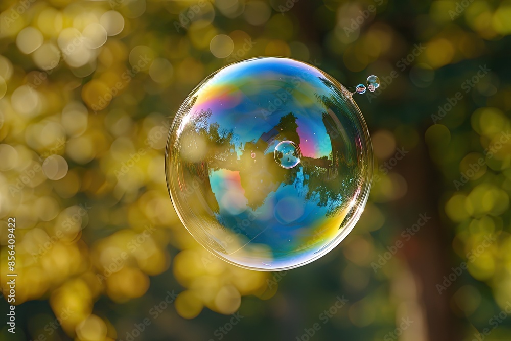 Aufkleber a bubble floating in the air with a rainbow reflection. the bubble is surrounded by trees and leaves
