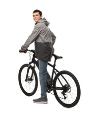 Smiling man with bicycle isolated on white