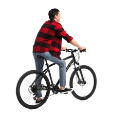 Obraz premium Young man riding bicycle on white background