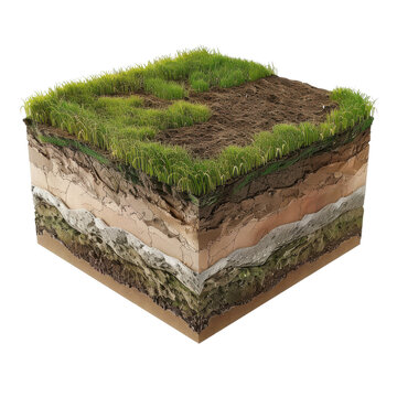 3D illustration showing layers of soil and earth with grass on top, visualizing geological strata and earth sciences.