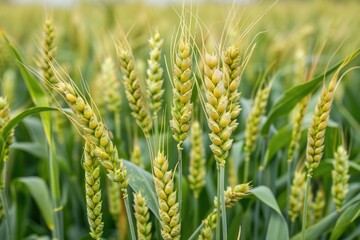 A field of wheat with many green and yellow stalks. The wheat is tall and the field is full of it