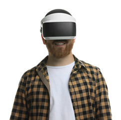 Smiling man using virtual reality headset on white background