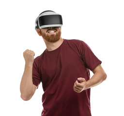 Naklejka premium Smiling man using virtual reality headset on white background
