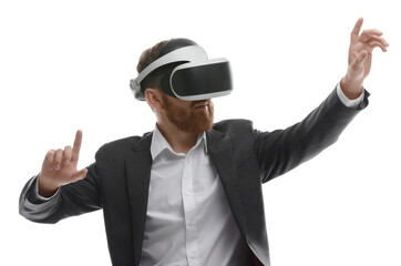 Man using virtual reality headset while sitting in office chair on white background