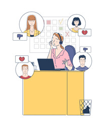 Customer feedback concept. Woman in headphones call to clients. Hotline or support service operator receives reviews and opinions from users. Linear vector illustration isolated on white background