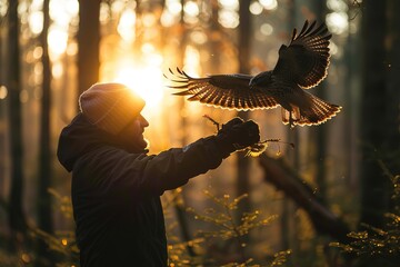A conservationist releasing a rehabilitated hawk