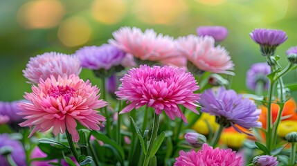 Obraz premium A bunch of flowers with pink and purple petals. The flowers are in a vase and are arranged in a way that they look like they are in a garden. The colors of the flowers are bright and cheerful