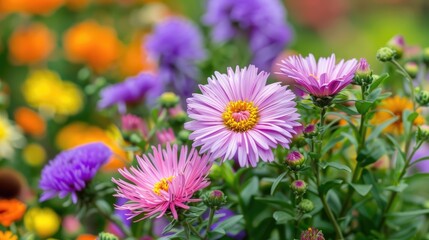 Obraz premium A colorful garden with a variety of flowers including purple and pink. The flowers are in full bloom and the garden is vibrant and lively