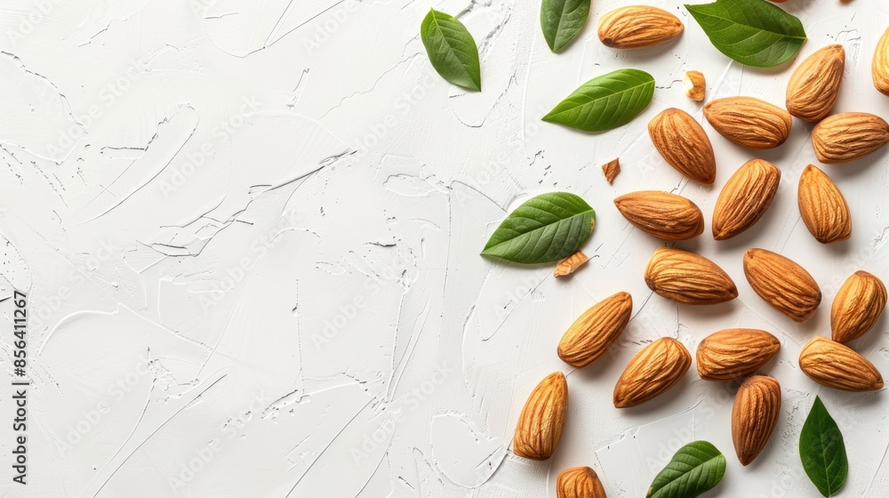 Poster almonds with leaves on white background isolated top view with text space