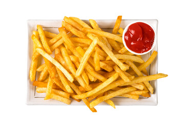 French fries and ketchup on plate  isolated on white background. Top view