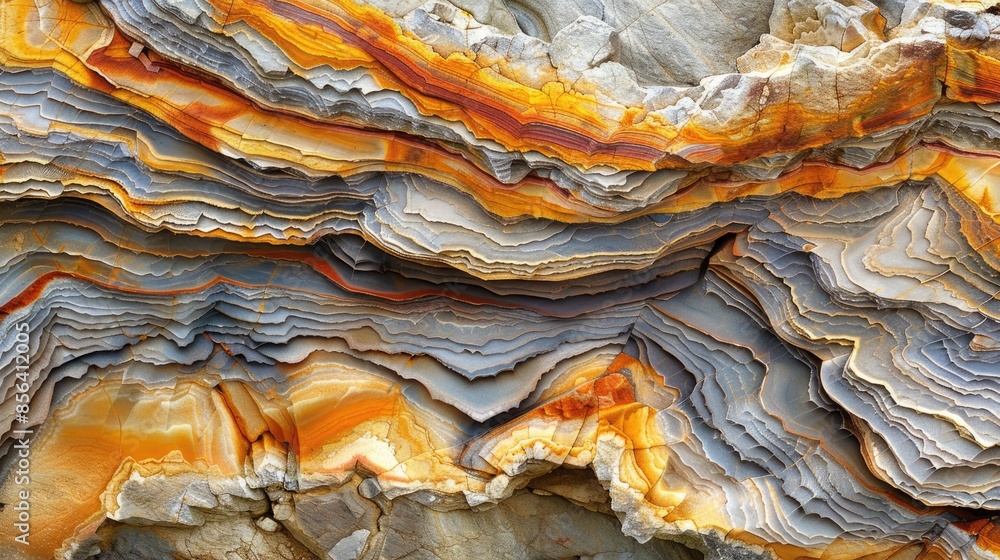Poster a large rock with a unique pattern of orange and gray stripes. the rock appears to be weathered and 