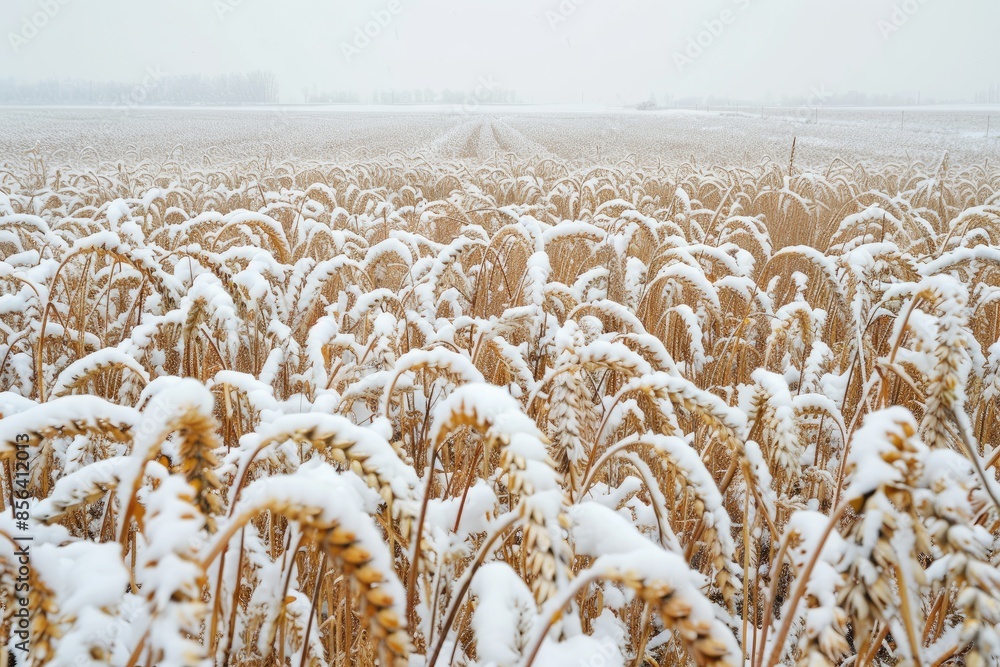 Poster a field of wheat covered in snow. the snow is covering the wheat in a way that it looks like it's be