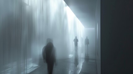 Obraz premium A foggy exhibit filled with a mix of dreamy and realistic photos creating a unique and thoughtprovoking experience for visitors.