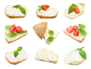 Delicious sandwiches with cream cheese isolated on white, set