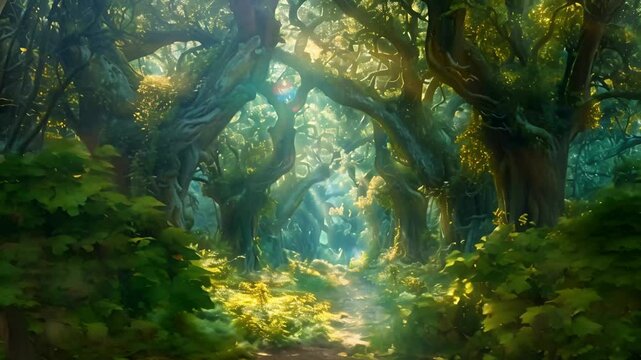 A beautiful fairytale enchanted forest with big trees and great vegetation. Digital painting background	
