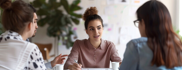A young professional woman guides her team through an inspiring brainstorming session, harnessing their collective creativity to chart an innovative course for a promising new venture.