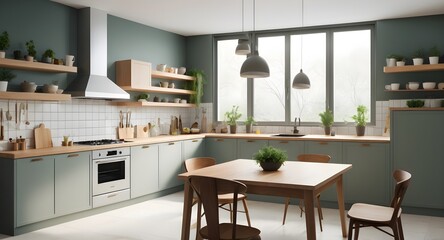 Modern Kitchen with Green Cabinets and Garden View