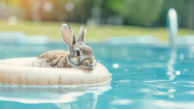 Adorable rabbit relaxing on an inflatable float in a swimming pool, enjoying the sunny day and water. Perfect summer scene with a cute bunny.
