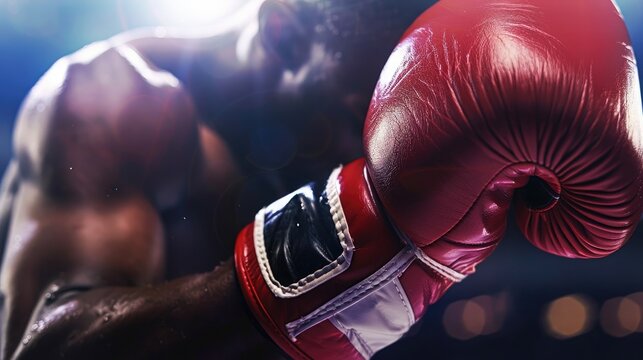 Close-up of a boxer in action during a match, highlighting the intensity and strength of the sport with focus on the red boxing gloves.