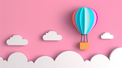 Fototapeta premium Colorful hot air balloon floating among clouds against a pink background, creating a whimsical, dreamy atmosphere in a minimalist style.