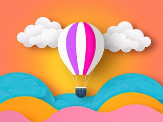 Colorful hot air balloon floating in a vibrant sky with clouds, showcasing a whimsical and playful art style.