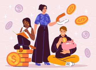 Financial management concept. Man and women with magnet and piggy bank with golden coins. Budgeting and accounting of passive income. Cartoon flat vector illustration isolated on white background