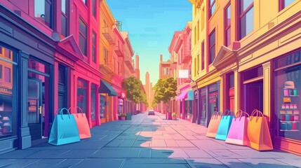 Obraz premium Vibrant street scene with colorful shopping bags in front of stores, under a bright sky. Perfect illustration of retail and urban shopping life.