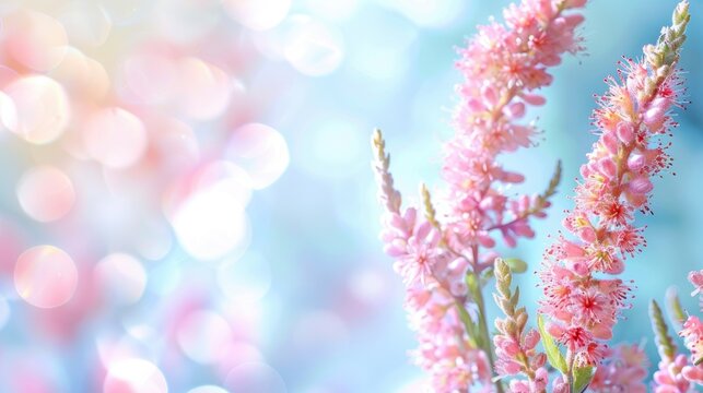 Plumed cockcomb flowers on blurred backdrop with space for text