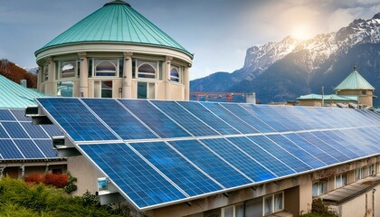 Green energy concept with outdoor solar panels and industrial roof equipped with blue tone solar cells