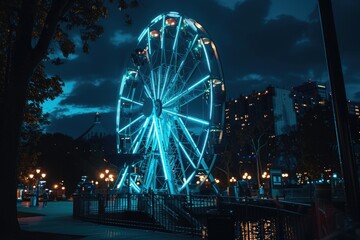 A large blue and white Ferris wheel is lit up at night. The Ferris wheel is surrounded by a city with lights and people walking around. Scene is lively and fun