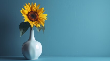 Minimalist Sunflower in White Vase Against Blue Background