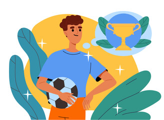 Man with football ball. Young guy stands with sports equipment and dreams of cup. Soccer player winner in competition. Active lifestyle and sports. Cartoon flat vector illustration