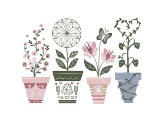 Four enchanting pastel flower pots in a row each a boho masterpiece in simple vector art