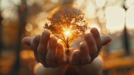 Hands holding a glowing tree with sunlight, symbolizing environmental conservation, growth, and natural beauty. Perfect for eco themes.