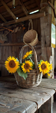 Rosas do sol vibrantes em uma cesta r&uacute;stica
