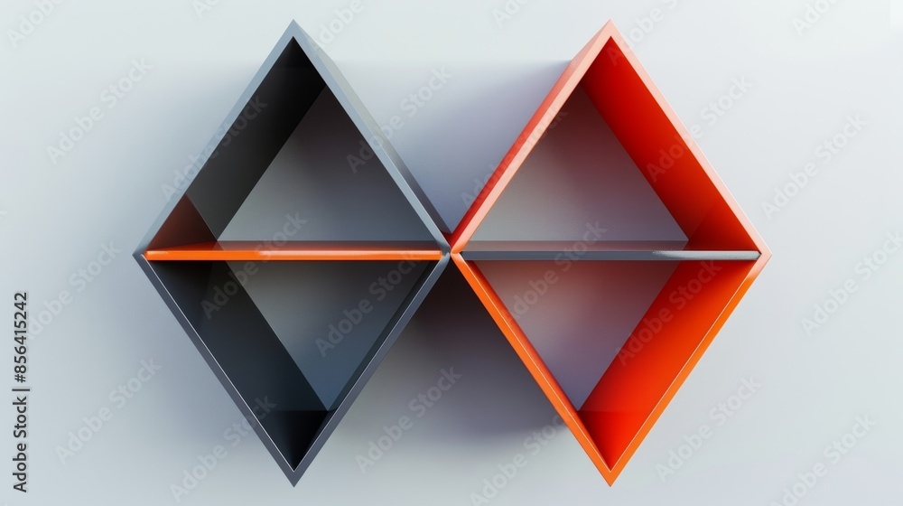 Poster two interlocking triangular shelves in bold contrasting colors making a statement in any space.