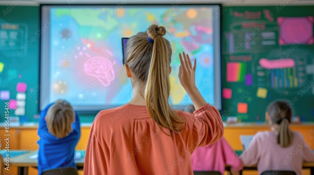 Poster skilled teacher teaching ai to diverse elementary student at digital classroom. smart multicultural 