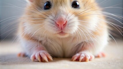 Obraz premium A Close-Up Of A Hamster'S Face. The Hamster Is Looking At The Camera With Its Big, Round Eyes. Its Fur Is Light Brown And White. Its Nose Is Pink And Its Whiskers Are Long And White.