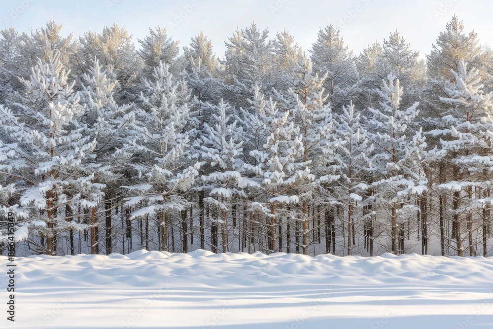 Poster a snowy forest with trees covered in snow. the trees are tall and the snow is covering them from the