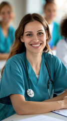 A woman in a blue scrubs is smiling and sitting at a desk