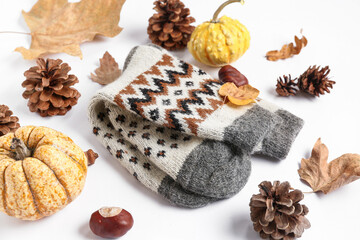 Beautiful composition with warm socks and pumpkins on white background