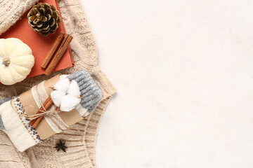 Beautiful composition with warm socks, cotton flower and pumpkin on white background