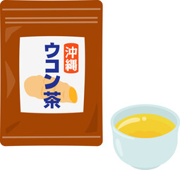 袋入りのウコン茶と湯呑みに注いだウコン茶