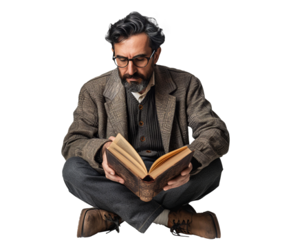 Man reads a book isolated on transparent background