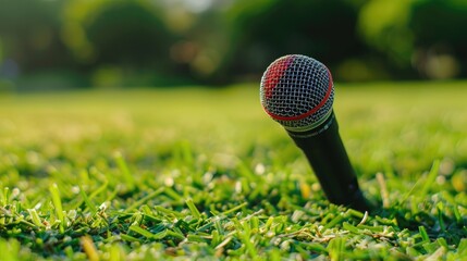 Red and black wireless mic placed on grass for various events with outdoor sports announcing and design concept