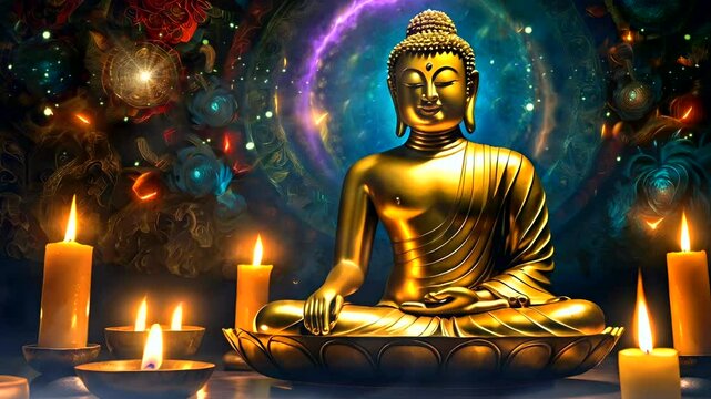 cross-legged golden buddha statue with fantasy background view Seamless looping 4k video background