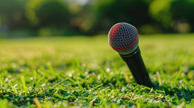 Red and black wireless mic placed on grass for various events with outdoor sports announcing and design concept