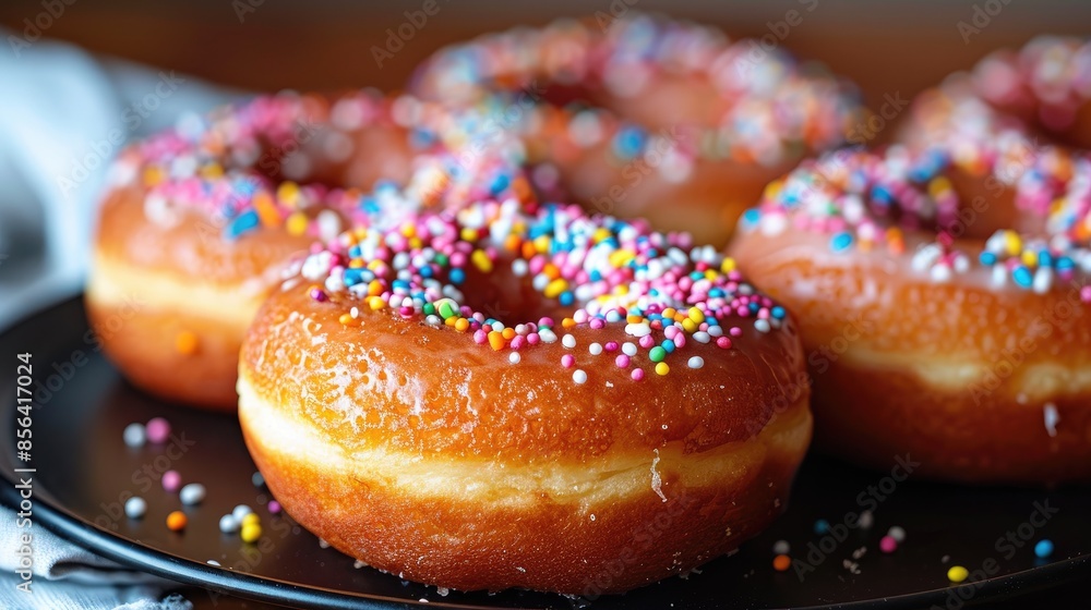 Aufkleber a plate of donuts with colorful sprinkles on top. the donuts are arranged in a row and are all the s